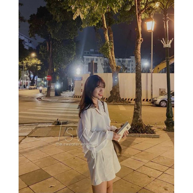 Áo sơ mi đũi rút dây tay fom thụng hàng đẹp