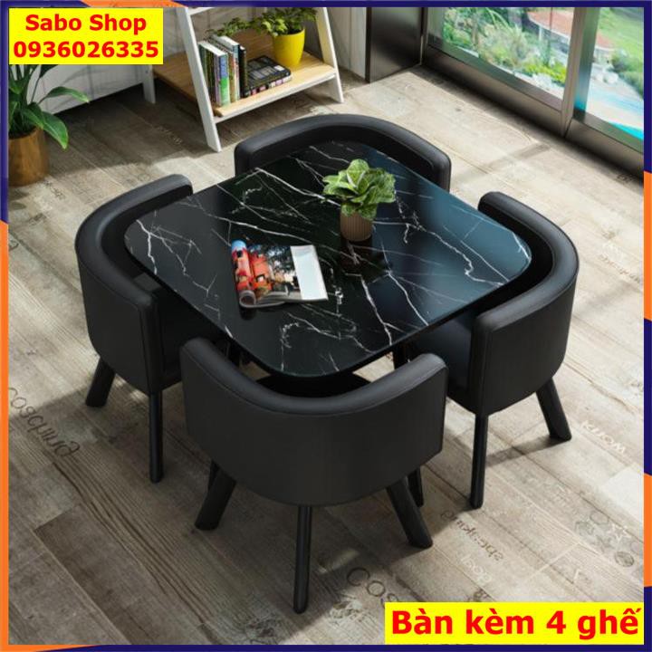 Bộ bàn ăn kèm 4 ghế, Bàn gỗ họa tiết vân đá , ghế da chân kim loại, phù hợp các căn hộ nhỏ