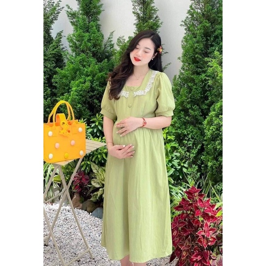 Váy Bầu Thiết Kế Cổ Vuông Dáng Suông Chất Đũi Mềm Mại feezsai 40-75kg
