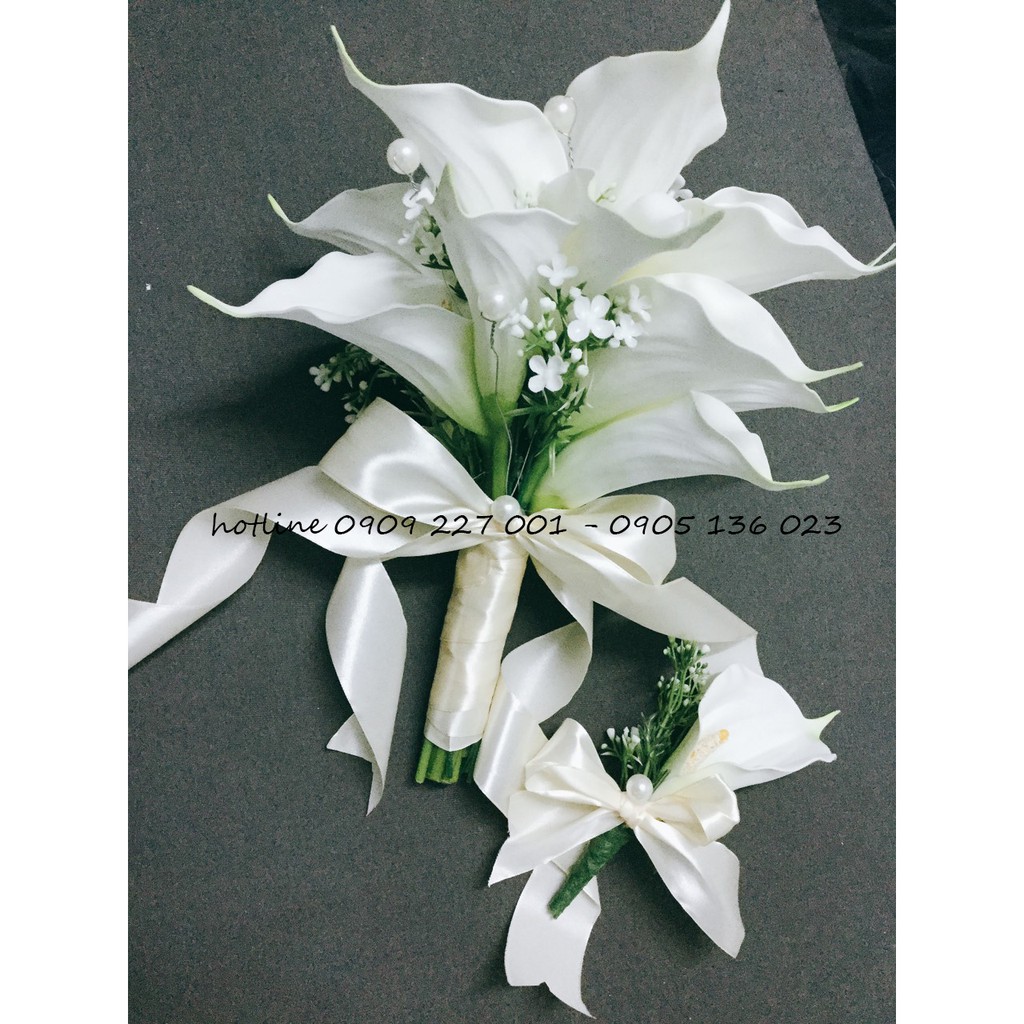 [Nowship] - Hoa cưới cầm tay cô dâu lụa Calla Lily hoa cưới Rum điểm hoa baby và hạt châu kết cườm