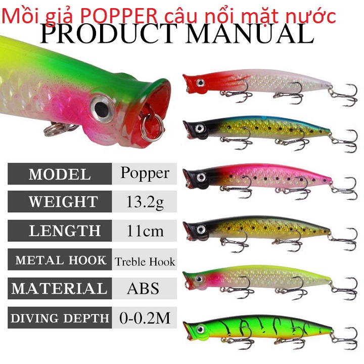 Mồi Giả POPPER Câu Nổi Mặt Nước Chuyên Chẽm, Vòn, Vược, Mú 11cm -13.2g