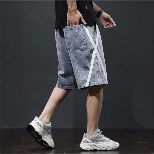 Quần short jean ống rộng nam nữ unisex màu xanh sọc chéo 2536 Pon.mens