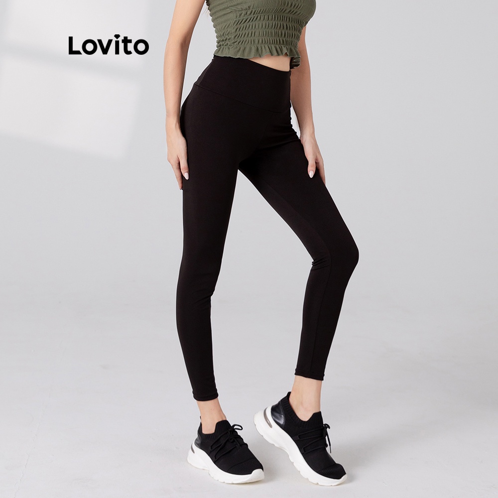 Quần Legging Lovito Phong Cách Thể Thao Nhanh Khô Màu Trơn Thắt Nơ Lưng L05227 (Đen) | BigBuy360 - bigbuy360.vn