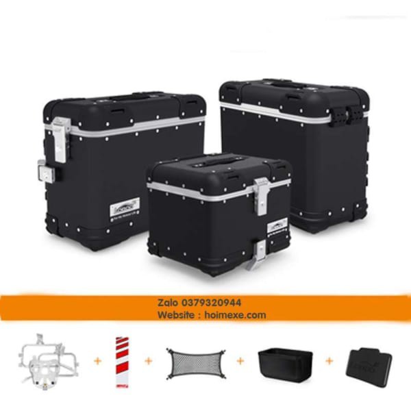 Bộ full 3 thùng nhôm Loboo màu đen và giá đỡ thùng baga cao cấp
