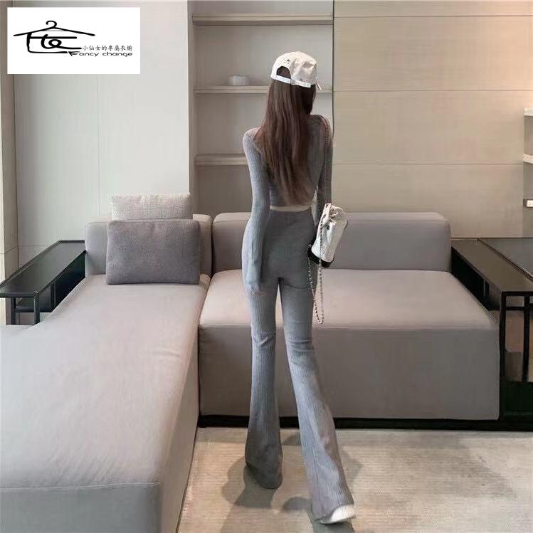 Set Áo Sơ Mi Màu Đen Xám Phối Quần Dài Lưng Cao Ống Loe Thời Trang Cao Cấp