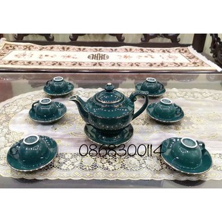 Bộ ấm trà xanh cổ vịt vẽ vàng