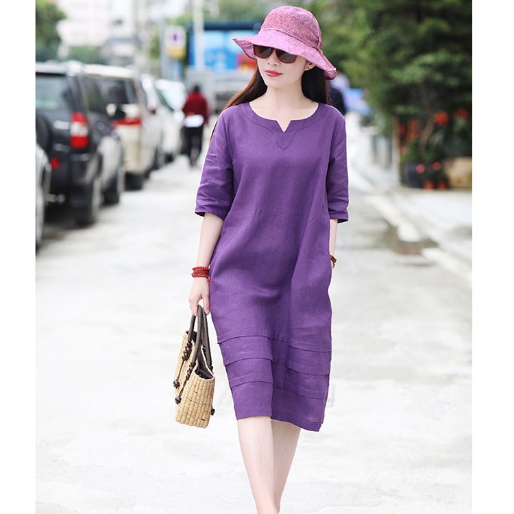 Đầm suông linen tay lỡ cổ phát V, chất vải linen tự nhiên mềm mát, thời trang xuân hè 2021