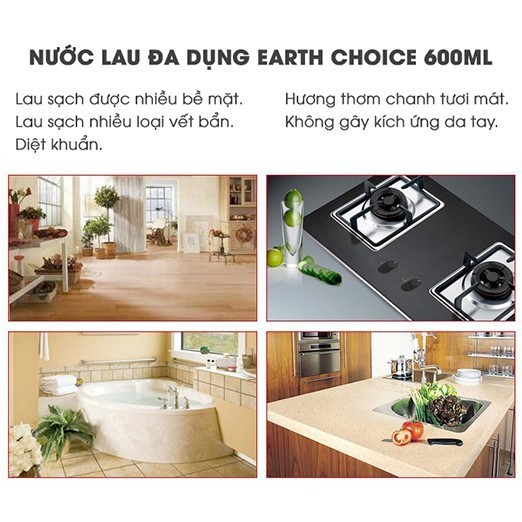 Nước lau đa năng Earth Choice Úc 600ml gốc thực vật hương chanh tươi và húng quế