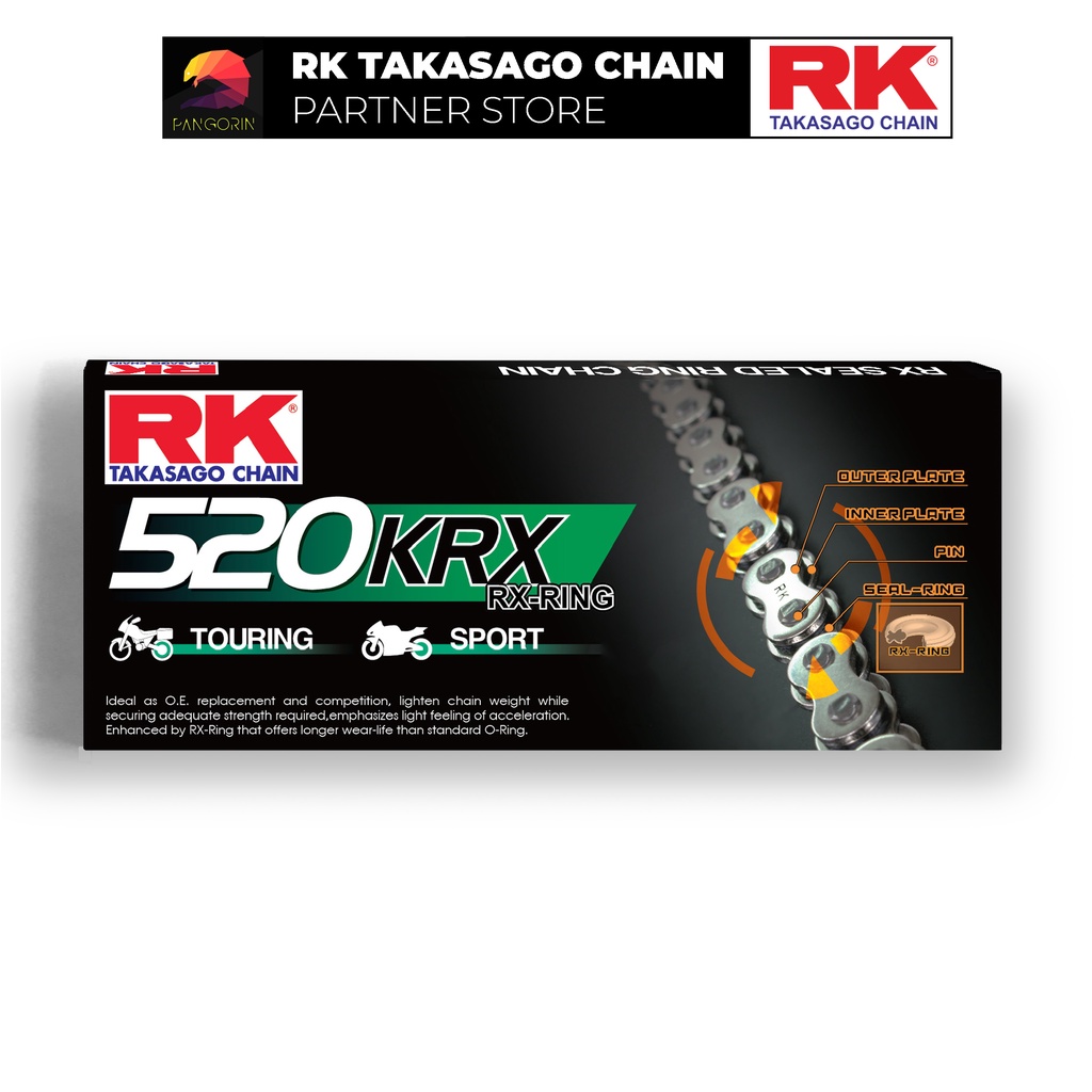 Sên xe phân khối lớn RK Takasago Chain mã BG-520-KRX, màu vàng đen, phốt cao su X-ring, kích thước 520, 120 mắc sên