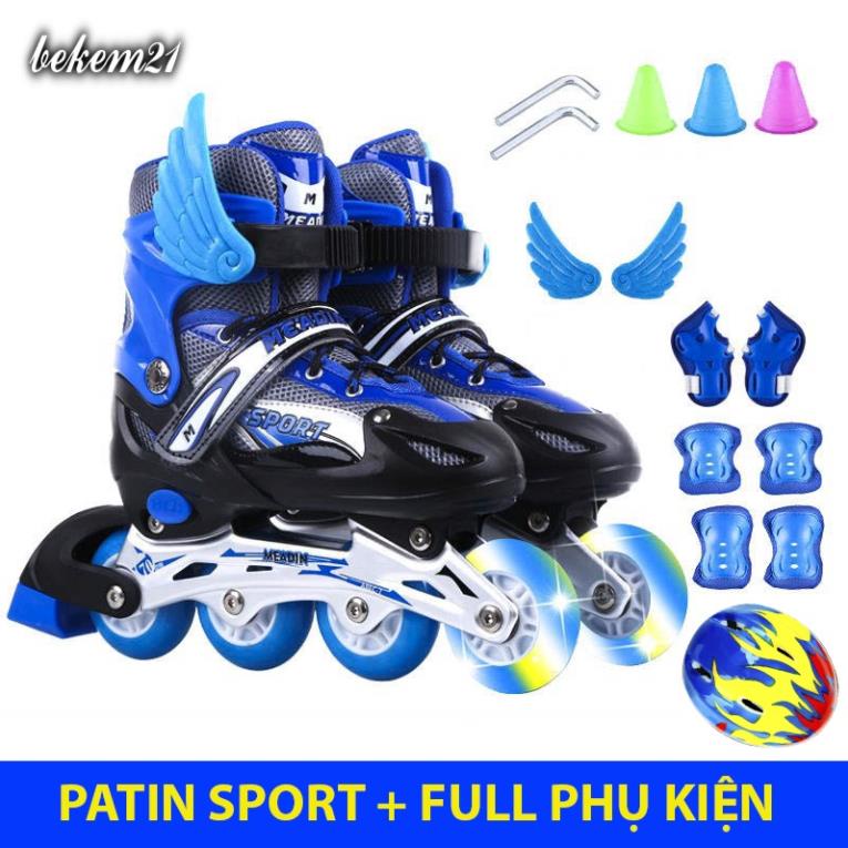 [8 Bánh phát sáng] Giày trượt patin Sport điều chỉnh to nhỏ batin batanh cho trẻ em người lớn (tặng kèm 13-20 món bảo hộ