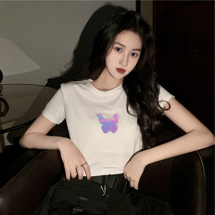 WANGJIAOZHAN Áo Thun Nữ Ngắn Tay In Hình Bướm Phản Quang Thời Trang