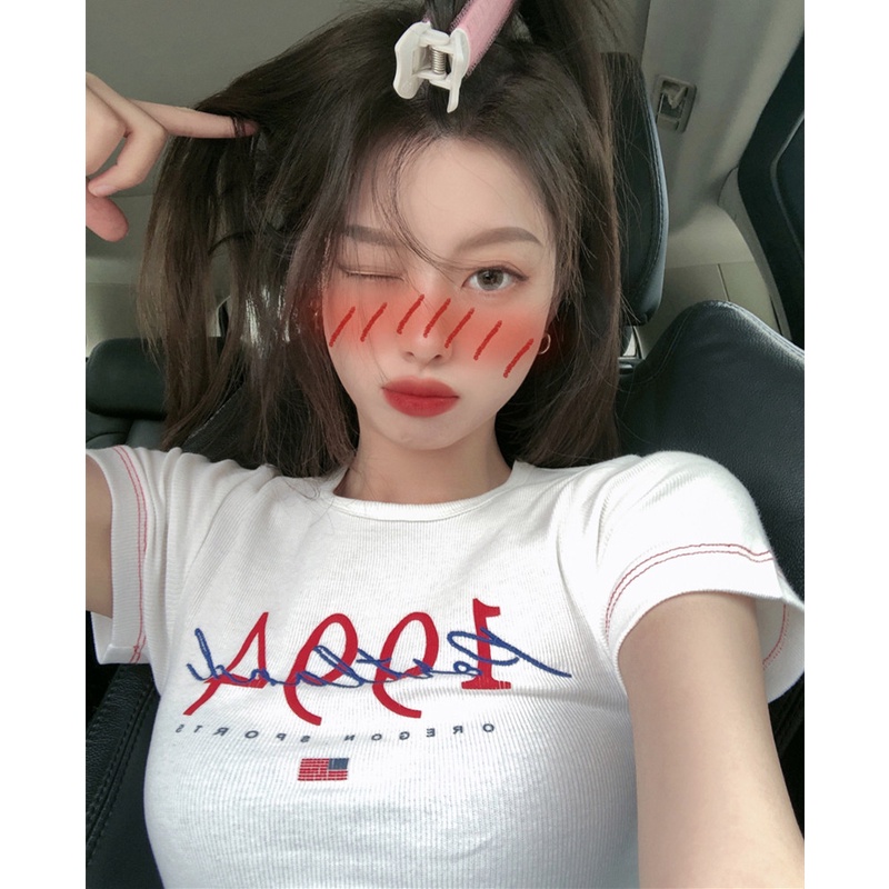 Áo Thun Tay Ngắn Màu Trắng Họa Tiết Thêu Chữ Kiểu Dáng Đơn Giản Thời Trang