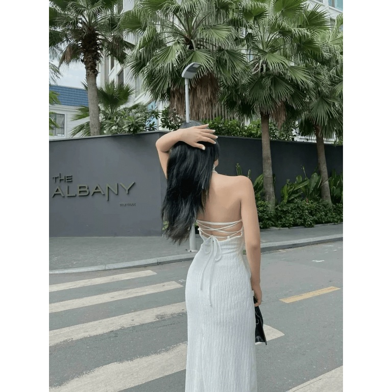 Đầm Nữ Cổ Yếm Cột Dây Đan Chéo Lưng Phối Tùng Xẻ Quyến Rũ Tôn Dáng HOt