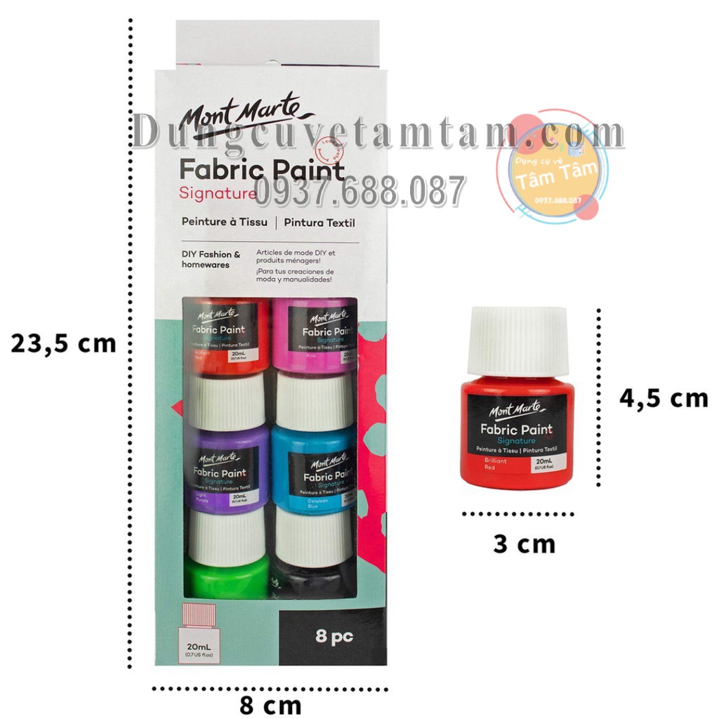 Màu vẻ vải Custom Giày, Vải, Túi Mont marte SET 8 màu/ Fabric Paint Set 8pce x 20ml -Dụng cụ vẽ Tâm Tâm