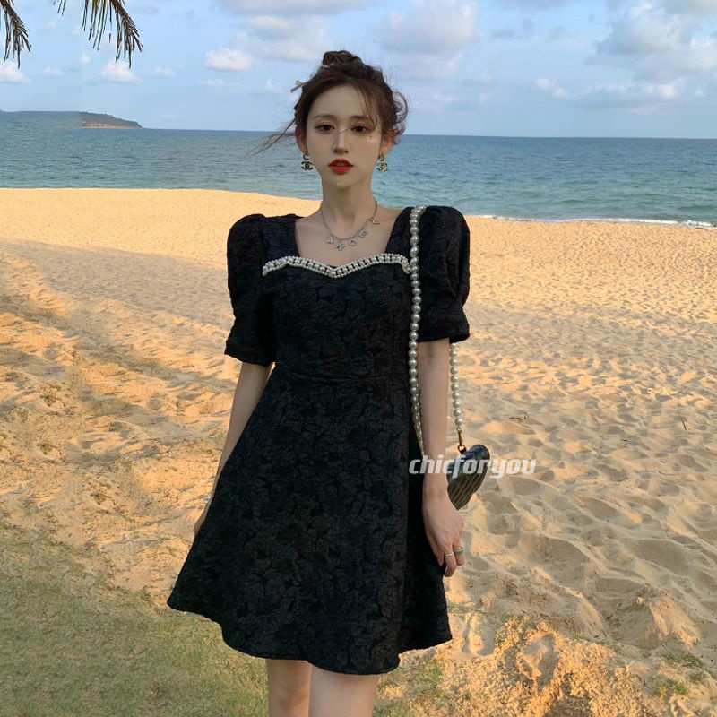 Chính Hãng Hàn Quốc!Đầm Ngắn Tay Cổ Vuông Màu Đen/Trắng Thời Trang Mùa Hè Cho Nữ