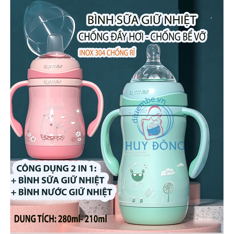 BÌNH SỮA GIỮ NHIỆT AYMER CHỐNG ĐẦY HƠI- CHỐNG BỂ VỠ - BÌNH NƯỚC GIỮ NHIỆT 210ml, 280ml