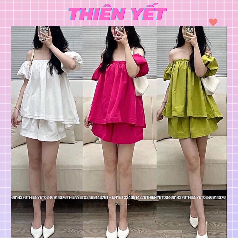 Sét bộ áo trễ vai SÉT TAY BỒNG ( kèm quần short 2 túi ) thật siêu xinh chất kate voan Nữ - Thiên Yết