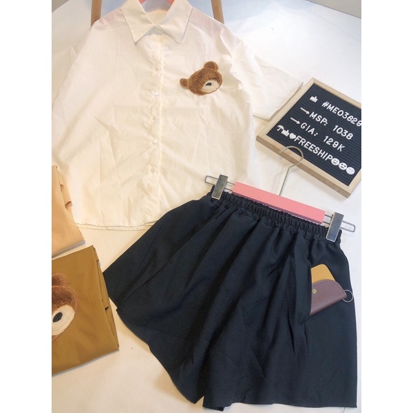 [Chuyên Sỉ] Bộ sơ mi gấu thêu nổi, quần chất kaki ống rộng có túi xéo, diện đi làm đi chơi đều sang xịn đẹp.