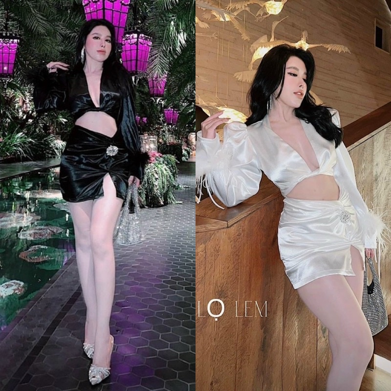 Đầm phi trắng đen khoét/cut/hở eo bụng tay dài phối lông kèm tag, váy ngắn xẻ đùi sang trọng quyến rũ gợi cảm dự tiệc
