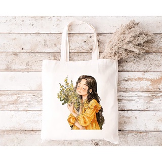 Túi vải bố canvas tote Bag.Thanhthu thời trang Hàn Quốc có khoá kéo dáng chữ nhật hoạ tiết cô gái 554