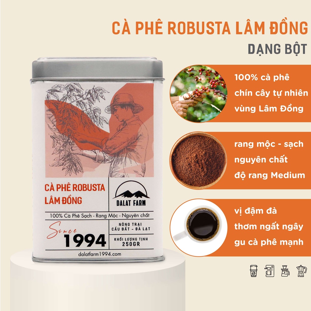 Cà Phê Robusta Lâm Đồng Dalat Farm - Hộp 250Gr Dạng bột