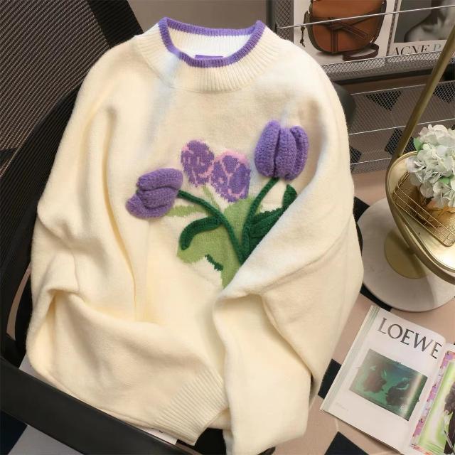 Áo Sweater Dệt Kim Họa Tiết Hoa Tulip Xinh Xắn