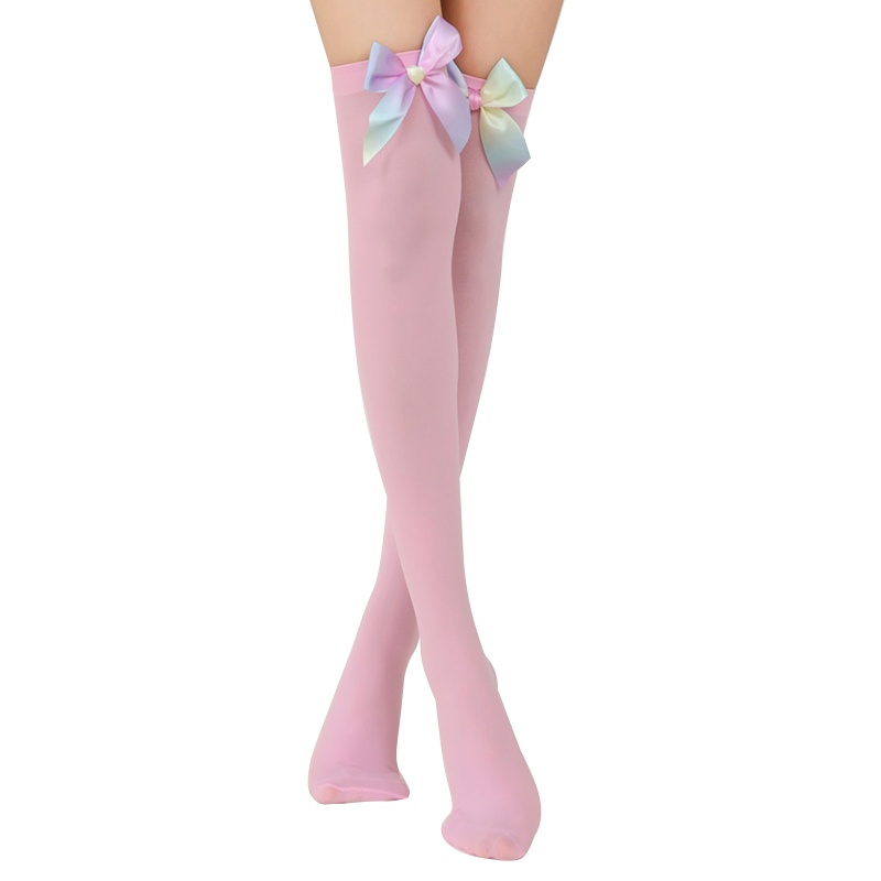 XIXI Tất Nhung Dài Qua Gối Đính Nơ Màu Cầu Vồng Phong Cách Lolita Dễ Thương Cho Nữ