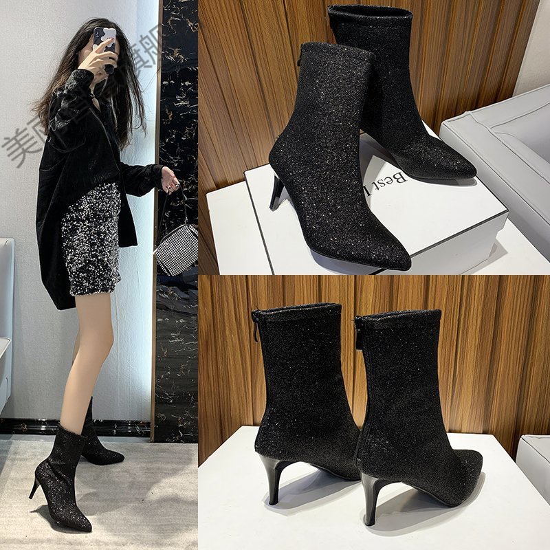 Giày Bốt Cao Gót Bigsize Aimeehouse Boot Mũi Nhọn Màu Đen Kim Tuyến Sang Trọng Quyến Rũ Size 41 42 43