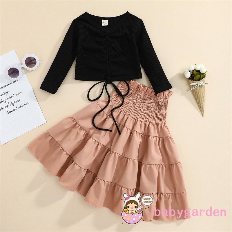 Bộ Áo Thun Tay Dài Màu Trơn Phối Chân Váy Xếp Ly Thời Trang Cho Bé Gái