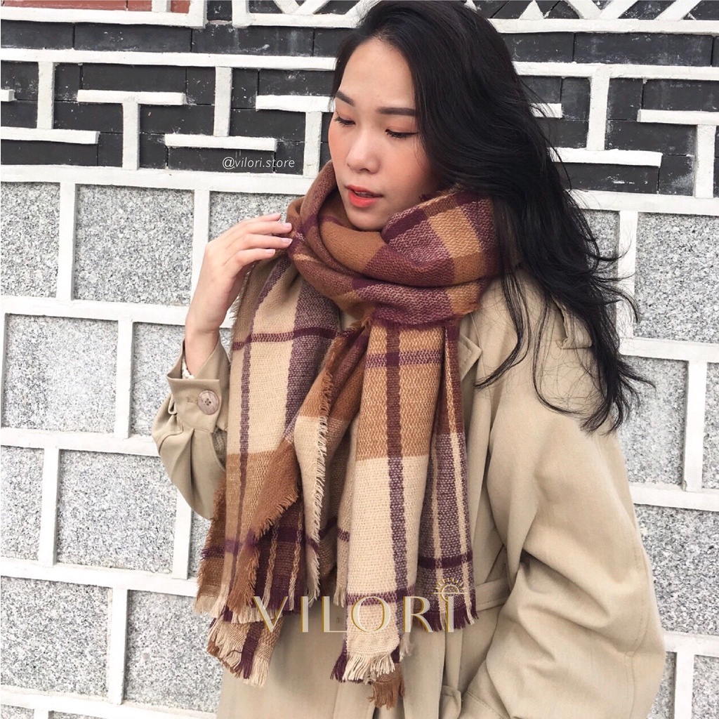 [Ảnh thật + Video] Sẵn khăn len Hàn Quốc rẻ nhất, quàng cổ mùa đông ấm áp họa tiết kẻ nâu tây phụ kiện đôi nam nữ