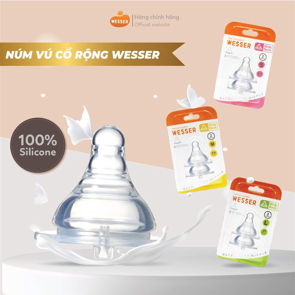 Núm vú bình sữa cổ rộng Wesser size S/M/L