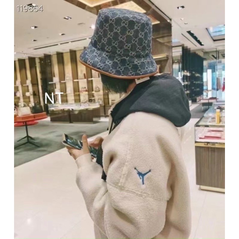 Cặp mũ bucket và lưỡi trai gucci bò viền da