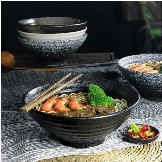 Bát loa gốm sứ đen đựng mì ramen canh súp phong cách Nhật Bản