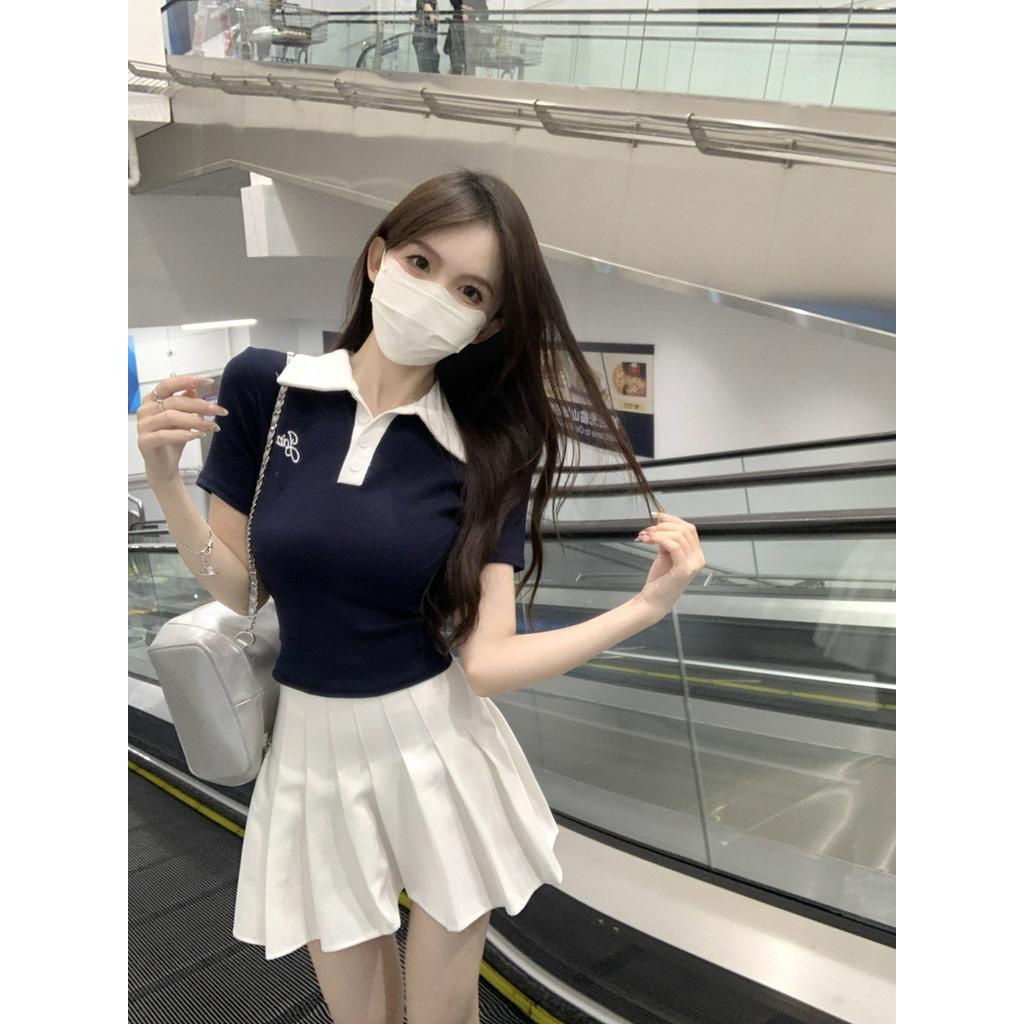 Áo Thun polo Cotton Dáng Ôm Ngắn Tay Màu Sắc Tương Phản Thời Trang Xuân Hè Phong Cách Hàn Quốc 63406