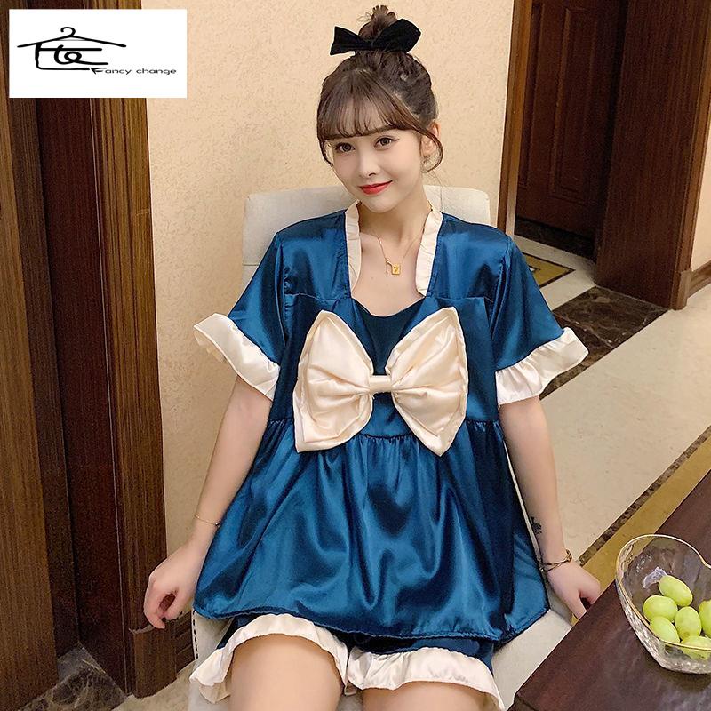 Bộ Đồ Ngủ Tay Ngắn Chất Lụa Lạnh In Họa Tiết Dễ Thương Thời Trang Mùa Hè Cho Nữ