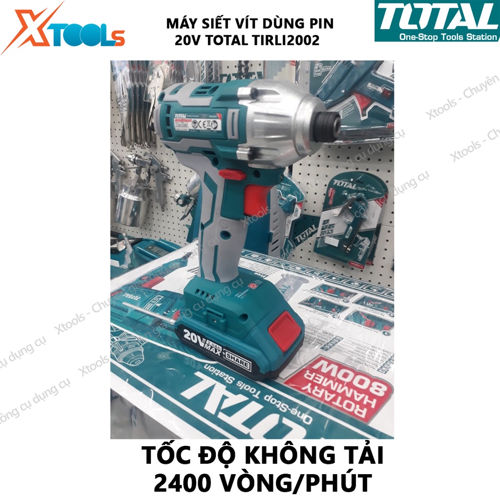 Máy bắn vít dùng pin 20v không chổi than TOTAL TIRLI2002 tốc độ 2400v/p, lực siết 3550bpm dung lượng pin 2.0ah, tặng kèm