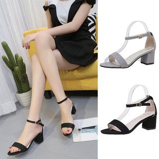 Giày sandal cao gót da lộn nữ đế vuông