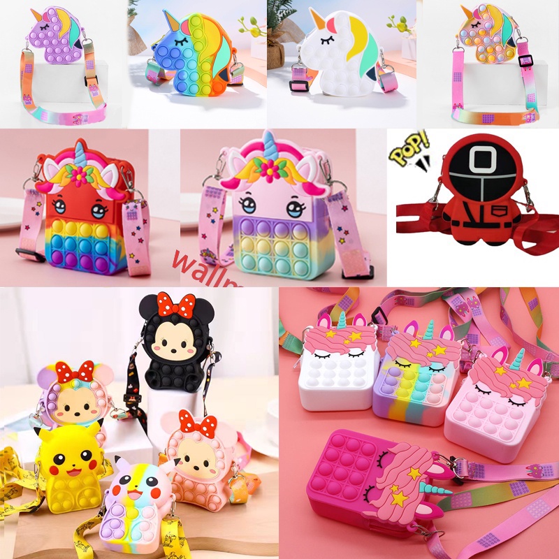 Pop It Fidget Túi đeo vai kỳ lân, Ví móc khóa, Push Bubble Disney Minnie Đồ chơi, Nhiều phong cách