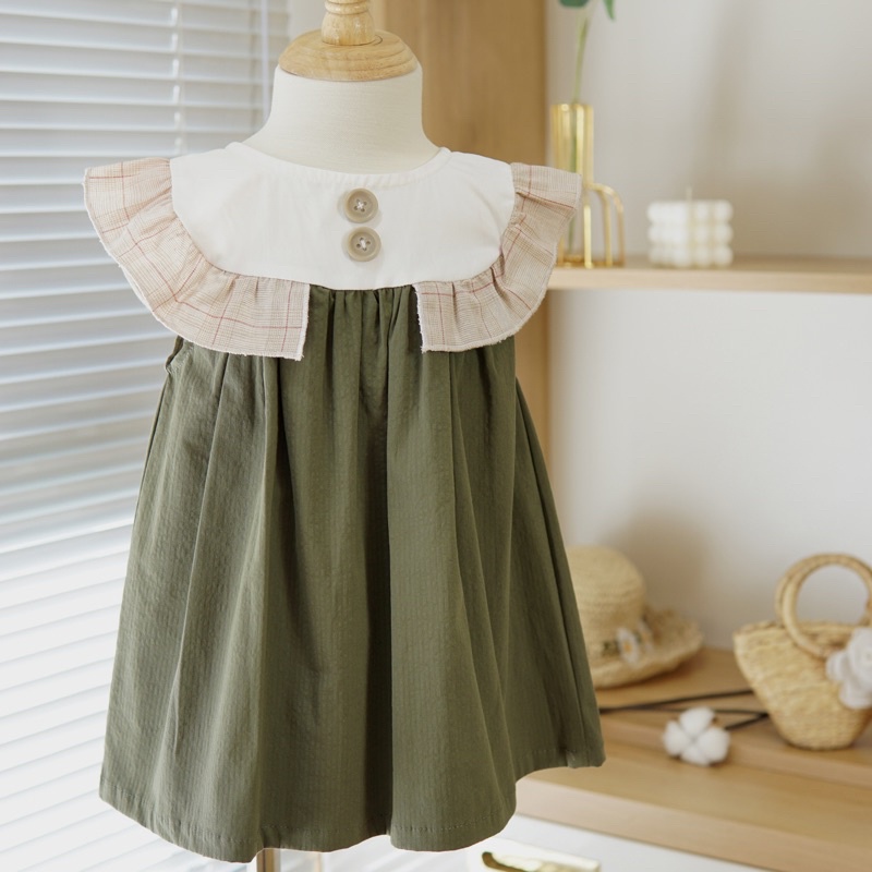 Đầm bé gái, váy cho bé gái từ 9-26kg màu rêu phối cổ tròn bèo hàng cao cấp - TRASUAOI D015