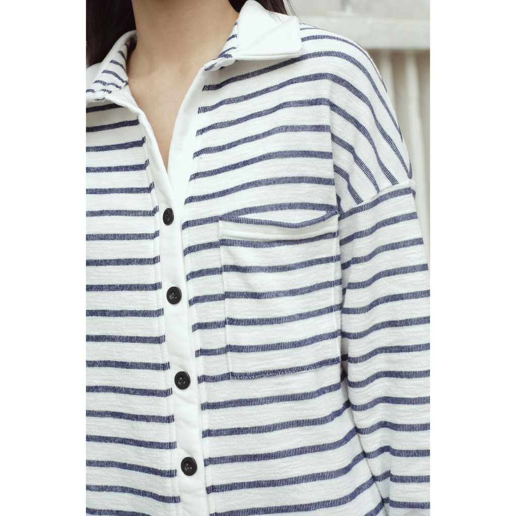 Đầm nữ cổ polo kẻ sọc tay lửng thời trang GAGO open collar stripe mini dress sọc trắng đen GG3192 | BigBuy360 - bigbuy360.vn