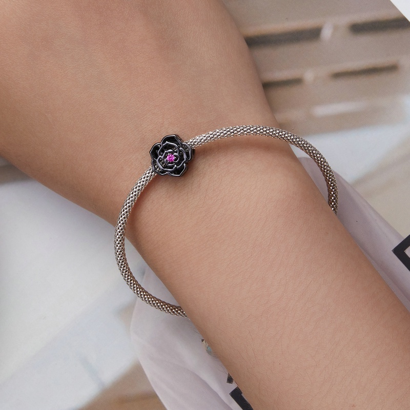 BAMOER Hạt Xâu Chuỗi bạc 925 Hình Hoa Hồng Đen