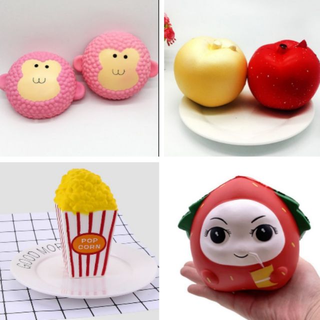 Squishy bắp rang bơ +táo đỏ + Dâu+ bánh khỉ