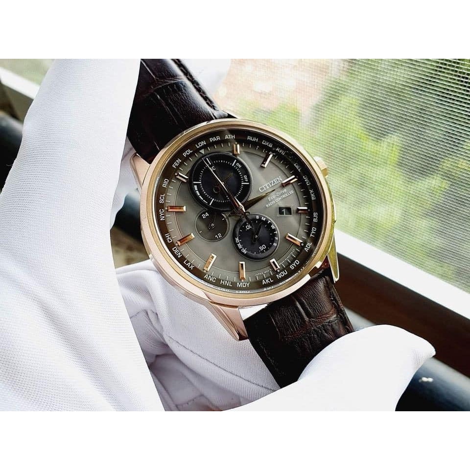 Đồng hồ nam dây da Eco Drive World Chronograph AT AT8113 04H