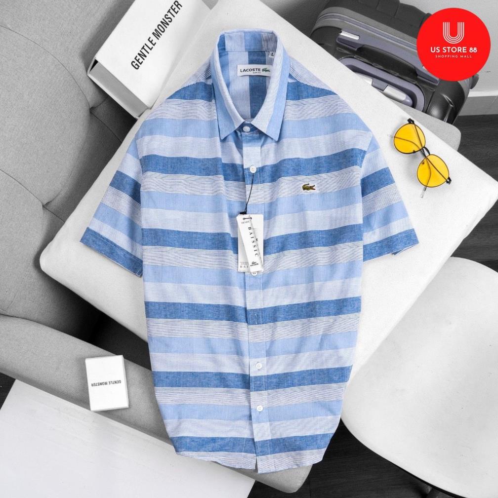 Áo sơ mi nam sọc ngang tay ngắn đẹp LC màu xanh, vải oxford cao cấp, ít nhăn, thanh lịch giá rẻ