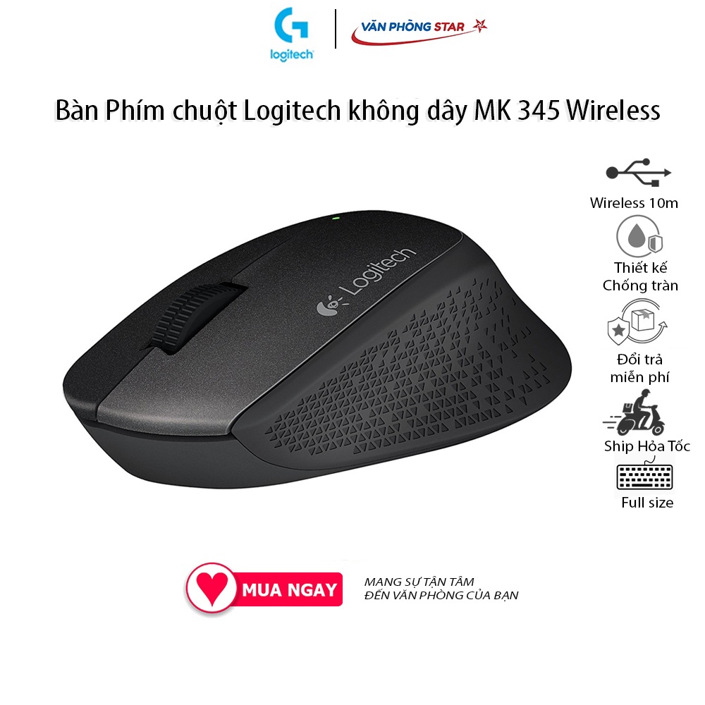 Bàn Phím chuột Logitech không dây MK345 kết nối không dây wireless. Kích thước bàn phím Full size, chuột quang 100 DPI