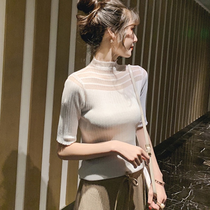 Áo thun dệt kim tay lỡ cổ lọ thiết kế thanh lịch