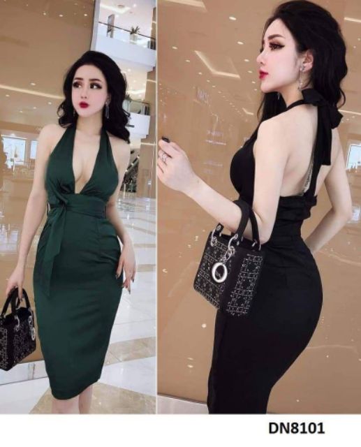 Đầm body yếm hở ngực sexy cột dây nơ