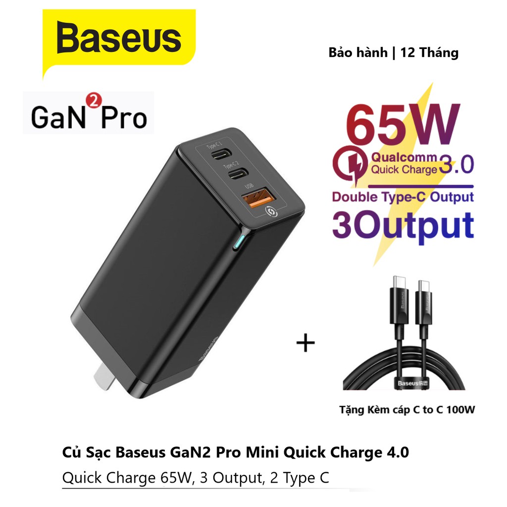 Củ sạc nhanh Baseus GaN 65W / 45W / Gan2 pro USB Quick Charge 4.0 3.0  PD cho Smartphone/ Tablet/ Ipad/ Macbook/ Laptop | WebRaoVat - webraovat.net.vn