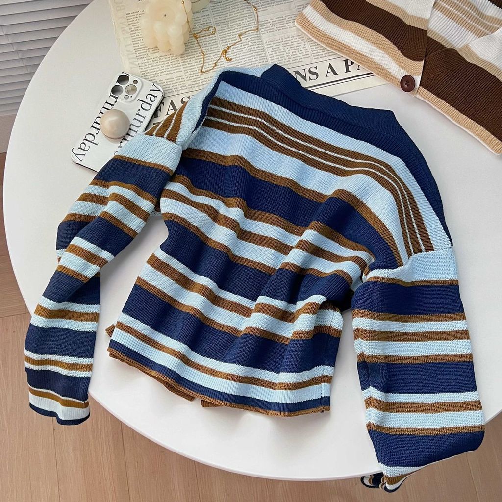 Áo Cardigan Dệt Kim Dáng Ngắn Màu Sắc Tương Phản Phong Cách Hàn Quốc Cho Nữ