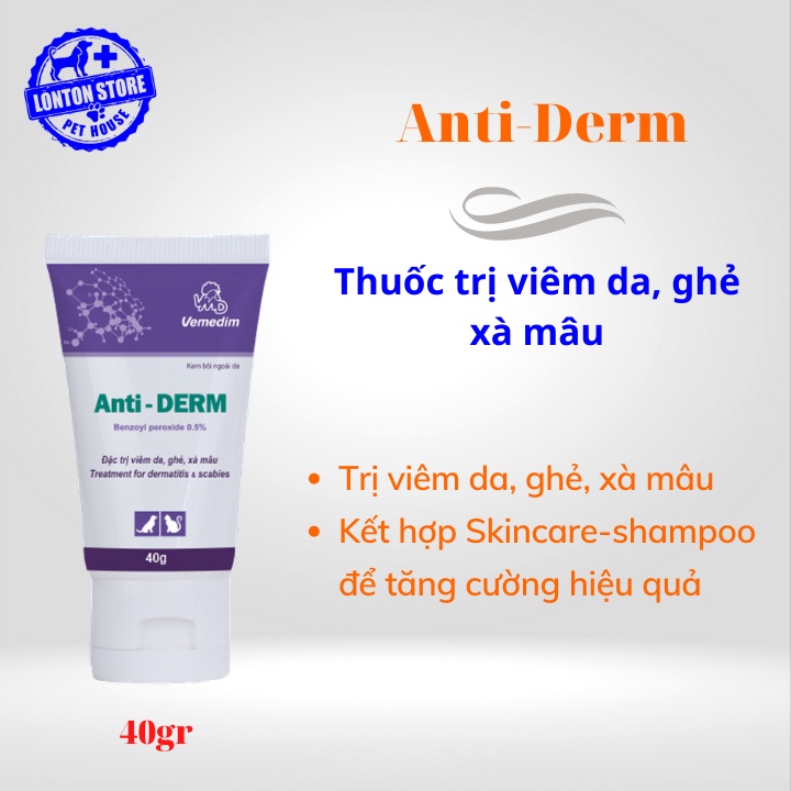 VEMEDIM Anti derm - Gel Bôi Da Phòng Ghẻ, Viêm Da, Vết Thương, Lở Loét, Xà Mâu Cho Chó Mèo Anti Derm 50g - Lonton Store